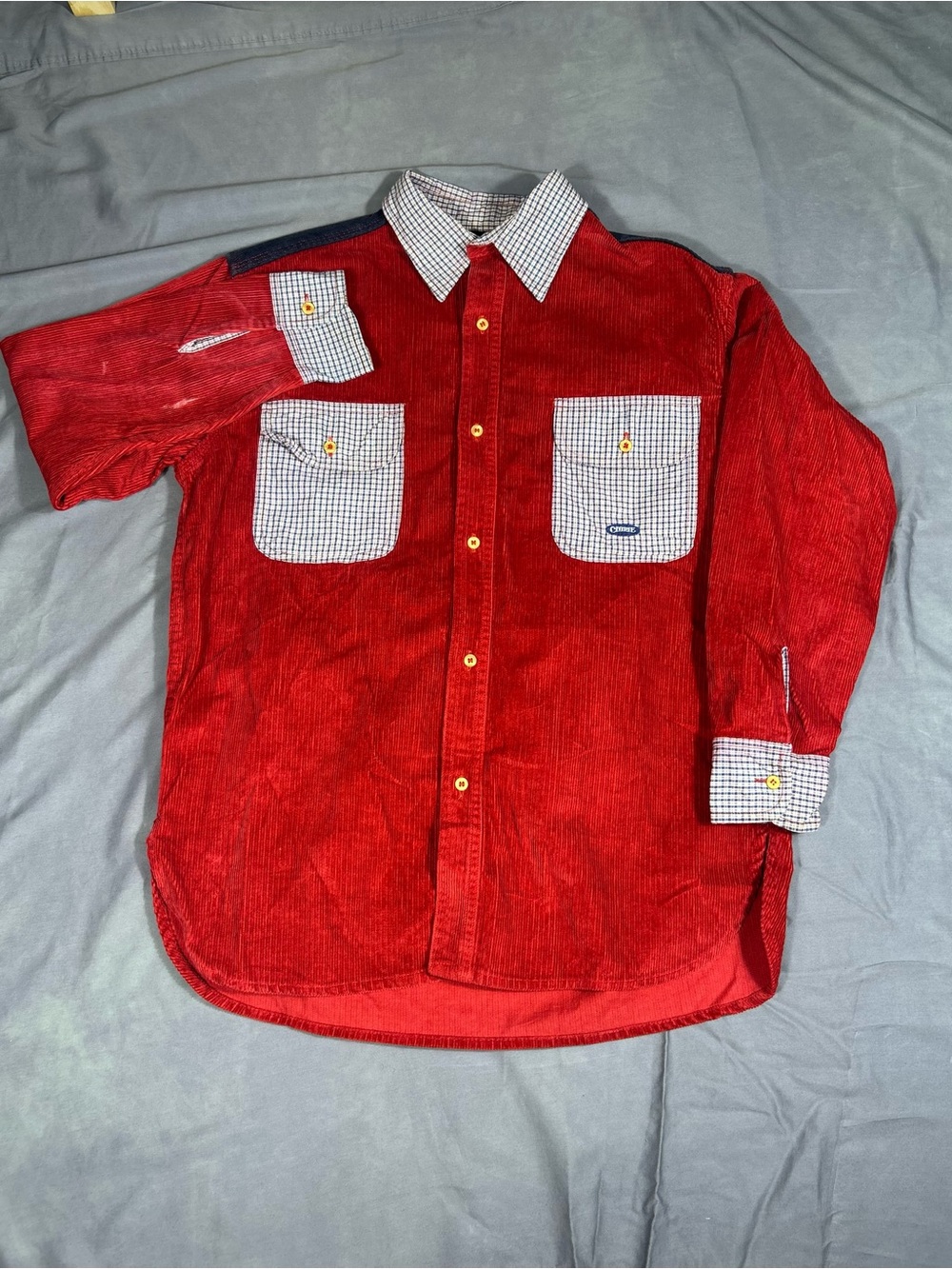 Red Corduroy Chipies Long-Sleeve Shirt with Contrast Check Pockets Japanese